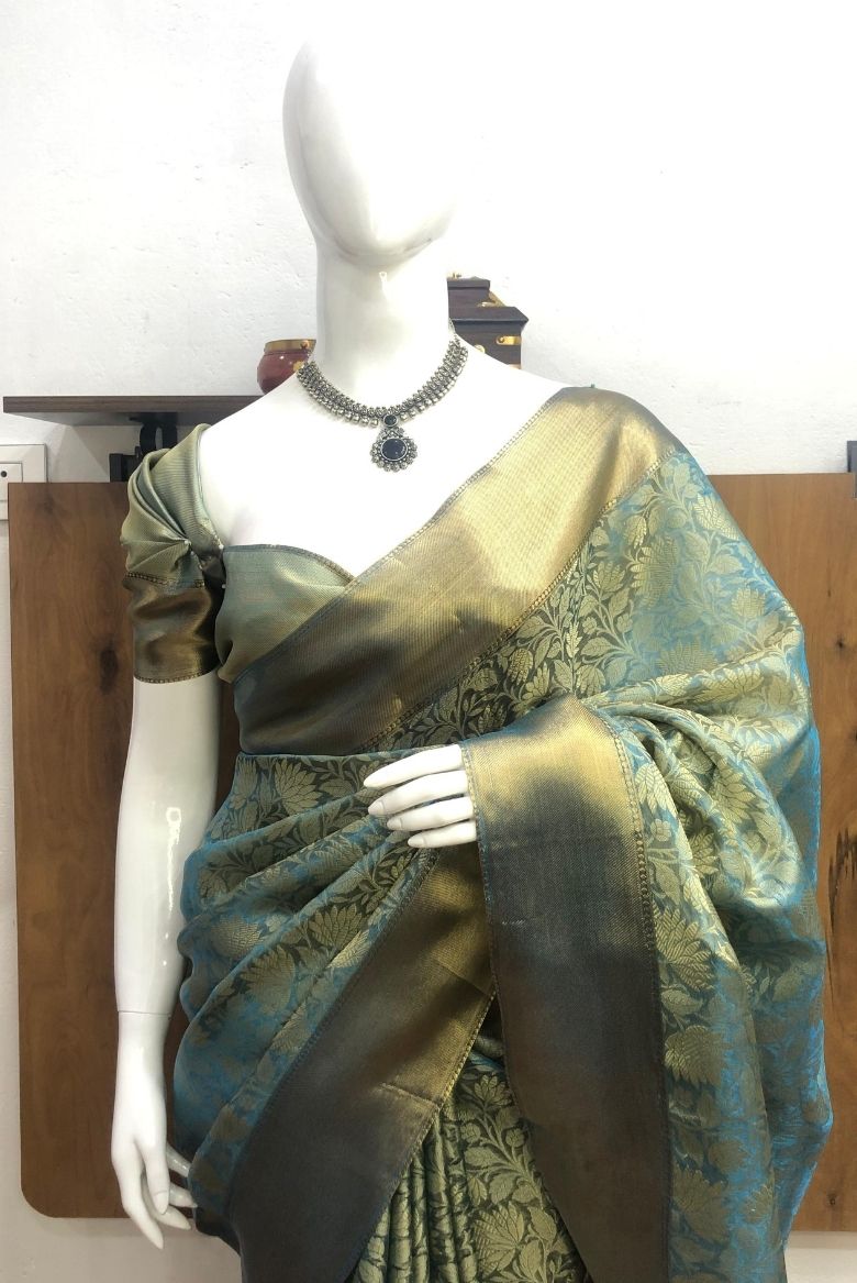 Blue Kanjivaram Tissue Silk Saree - Image 3