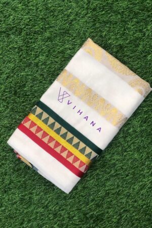 Classic Kerala Kasavu Set Saree with Multicolour Temple Border