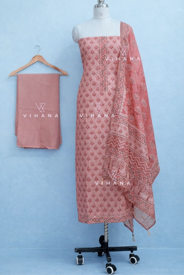 Dusty Pink Premium Chanderi Cotton Salwar Suit Material - Image 2