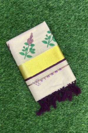 Kerala Golden Tissue Set Saree with Thulasikathir Printed Designs