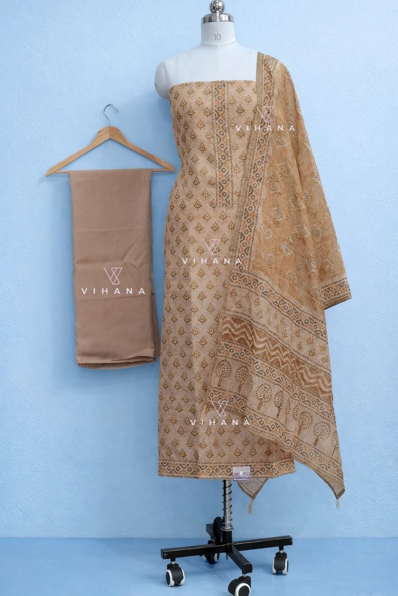 Soft Beige Premium Chanderi Cotton Salwar Suit Material - Image 2