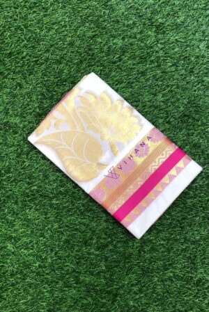 Kerala Cotton Premium Set Saree with Pink Border and Gold Zari Woven Floral Designs