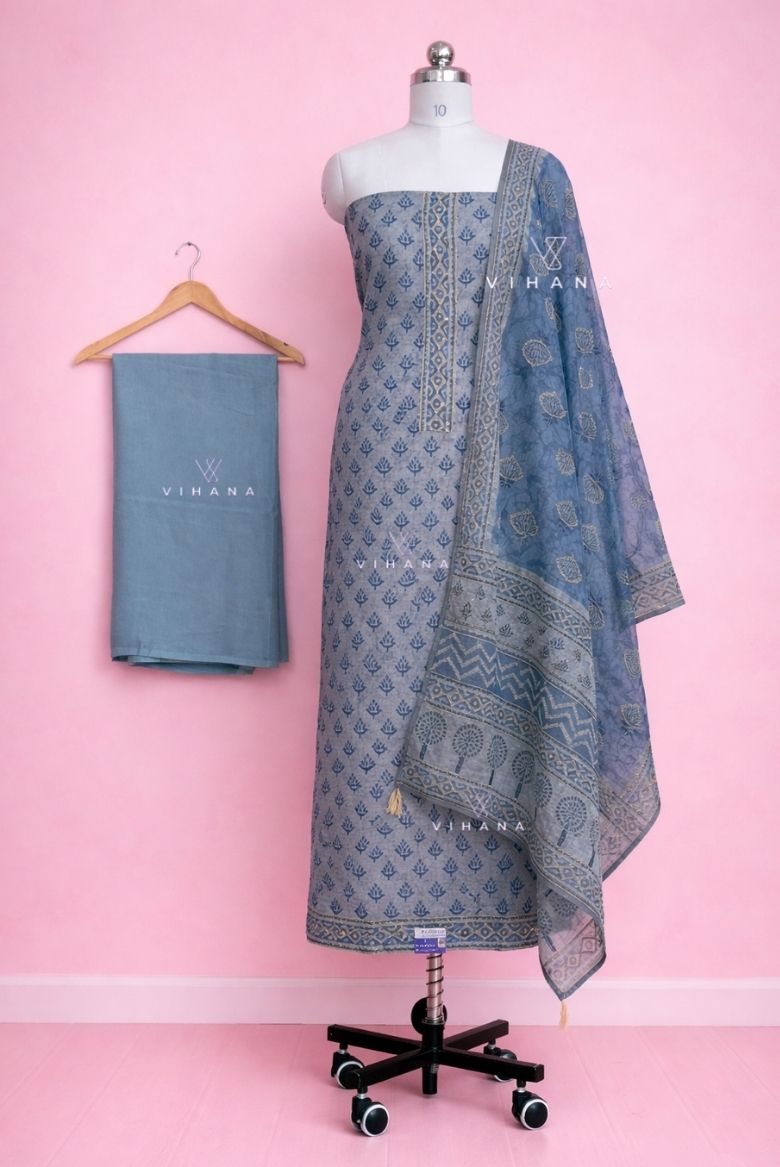 Rich Blue Premium Chanderi Cotton Salwar Suit Material - Image 2