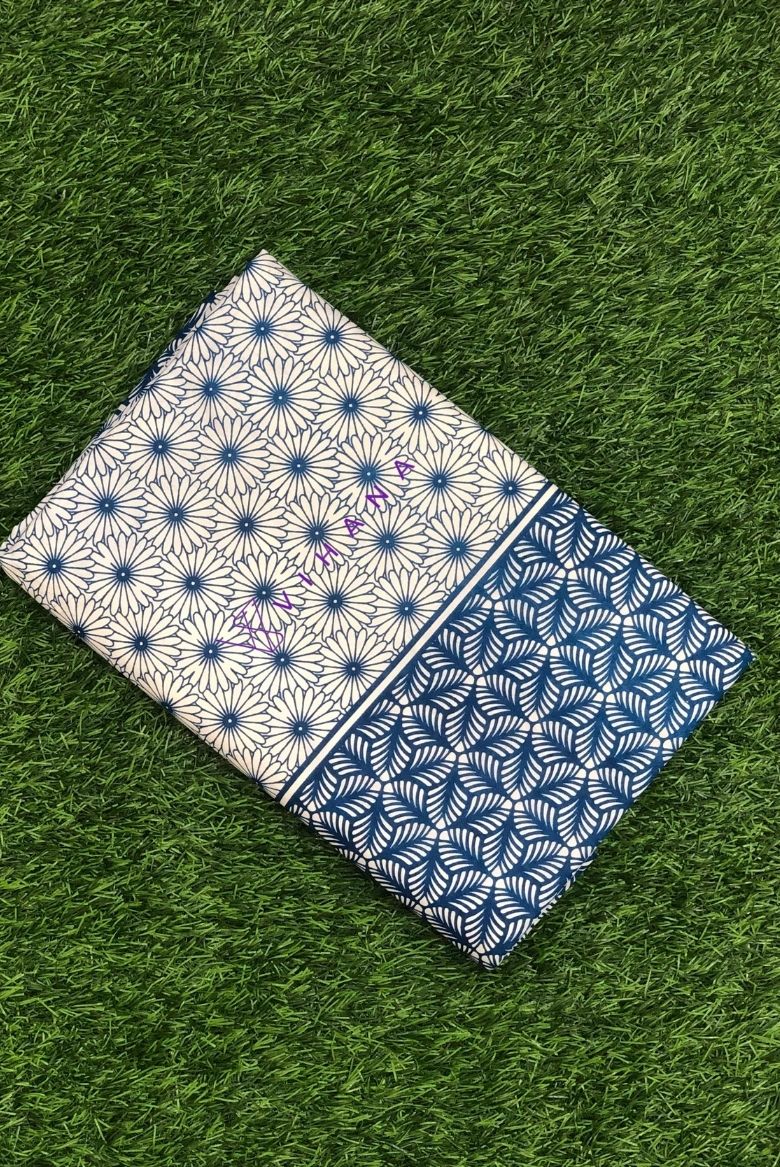 Blue Floral Print Kerala Cotton Set Saree