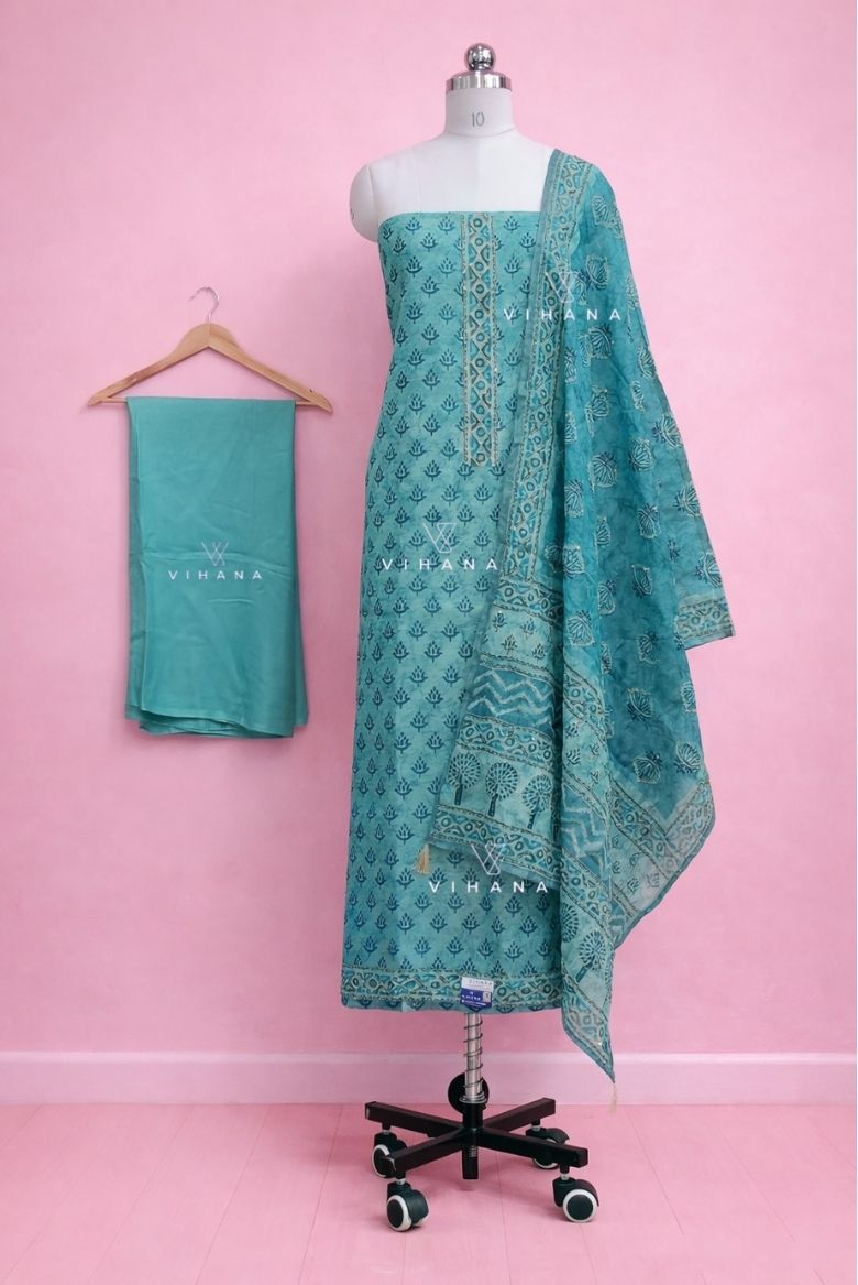 Light Sky Premium Blue Chanderi Cotton Salwar Suit Material - Image 2