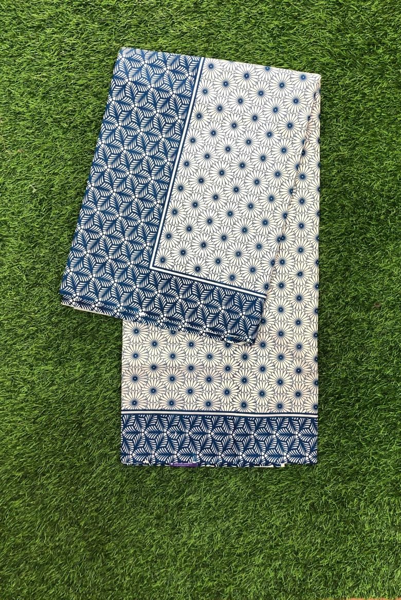 Blue Floral Print Kerala Cotton Set Saree - Image 3