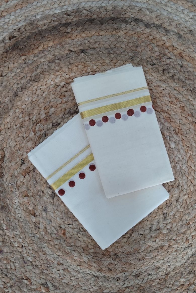 Coffee Brown Polka Dot Cotton Set Mundu - Image 2