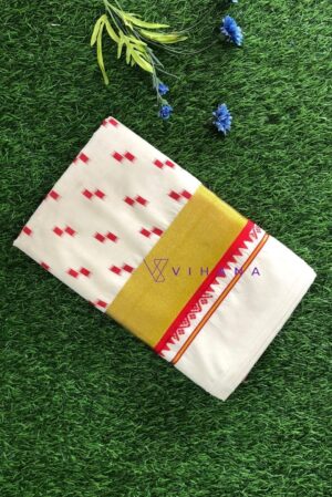 Traditional Cotton Set Saree With Red Floral and Geometric Prints