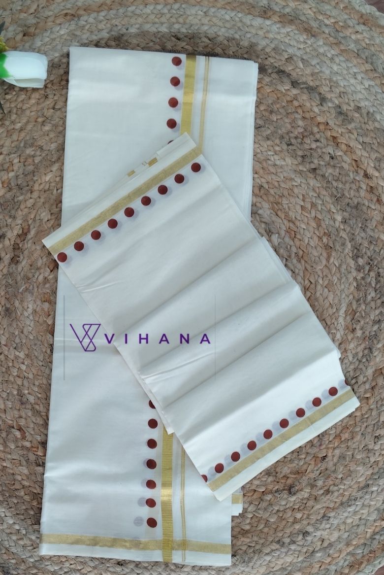 Coffee Brown Polka Dot Cotton Set Mundu