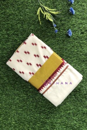 Kerala Cotton Set Saree with Maroon Floral and Geometric Prints