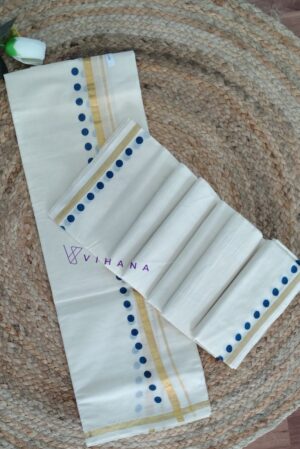 Peacock Blue Polka Dot Cotton Set Mundu