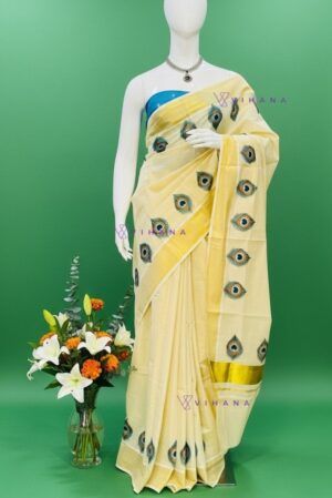 Traditional Kerala Golden Tissue SetSaree with Peacock Feather Prints
