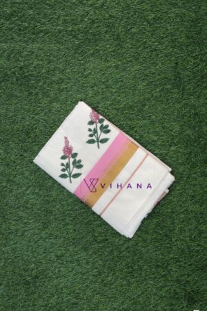 Tulsi Kathir Motif Hand-Printed Cotton Set Saree