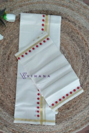 Bright Red Polka Dot Cotton Set Mundu