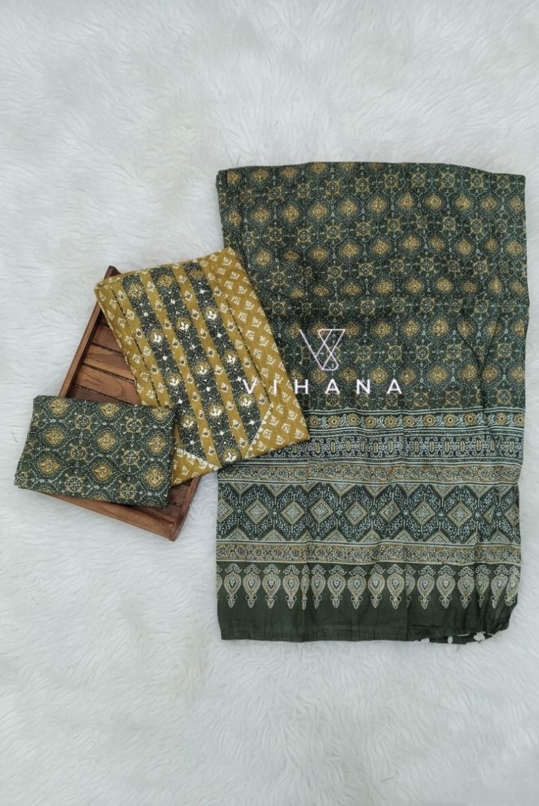 Mustard Yellow Screen Print Cotton Suit Material - Image 5