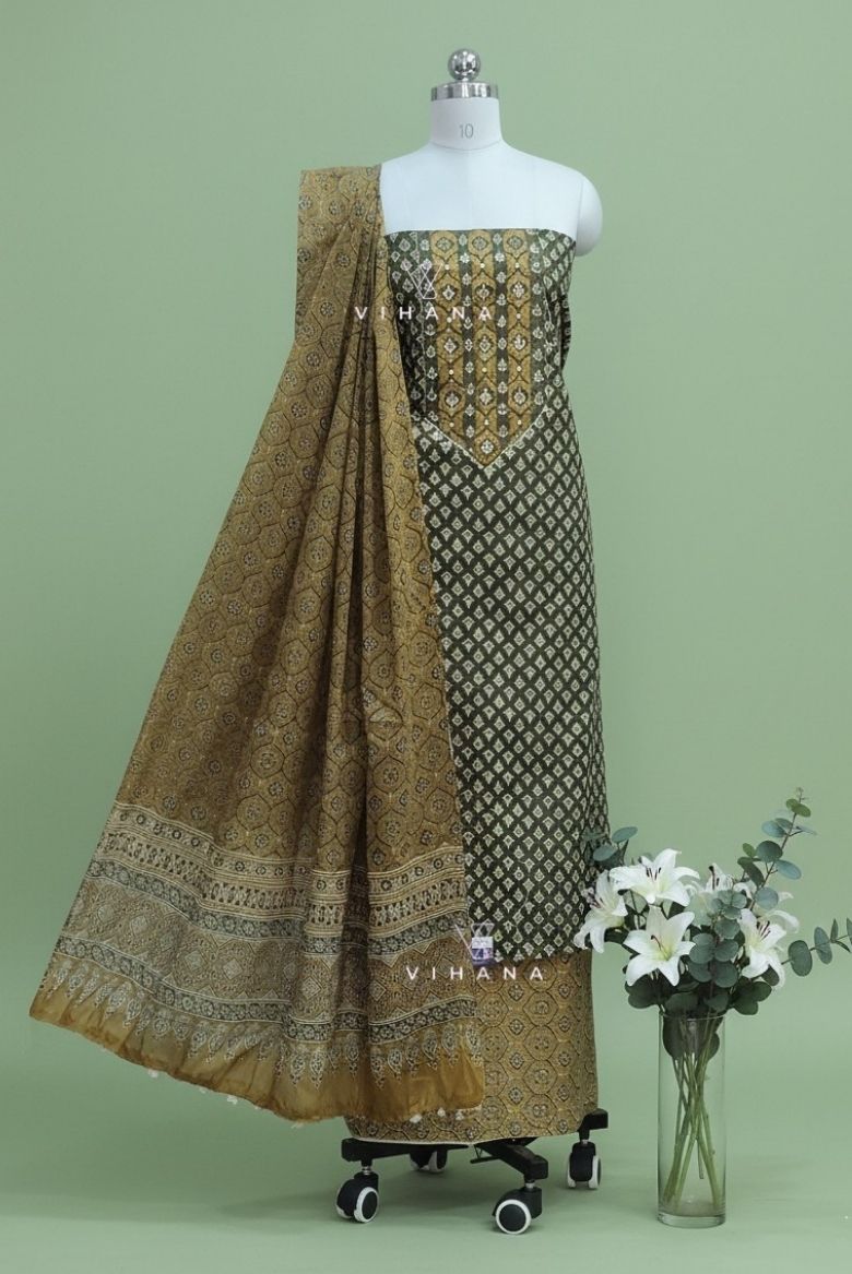 Mehandi Green Screen Print Cotton Suit Material