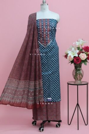 Electric Blue Screen Print Cotton Suit Material