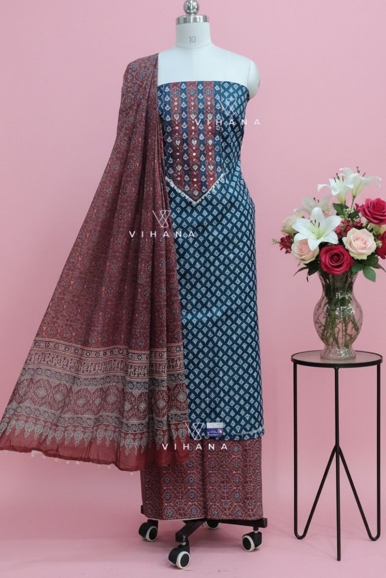 Electric Blue Screen Print Cotton Suit Material