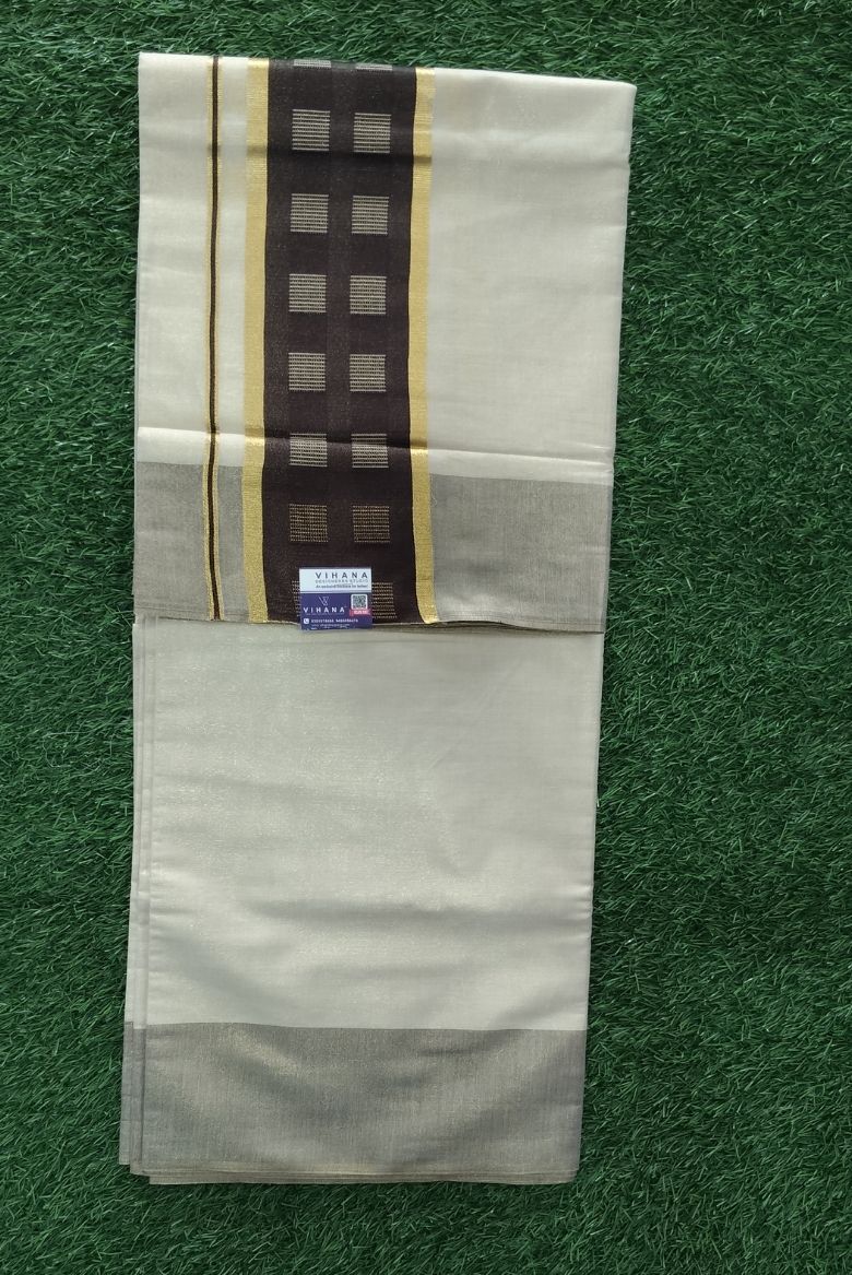 Kerala Golden Tissue Set Saree with Chocolate Brown Border - Image 2