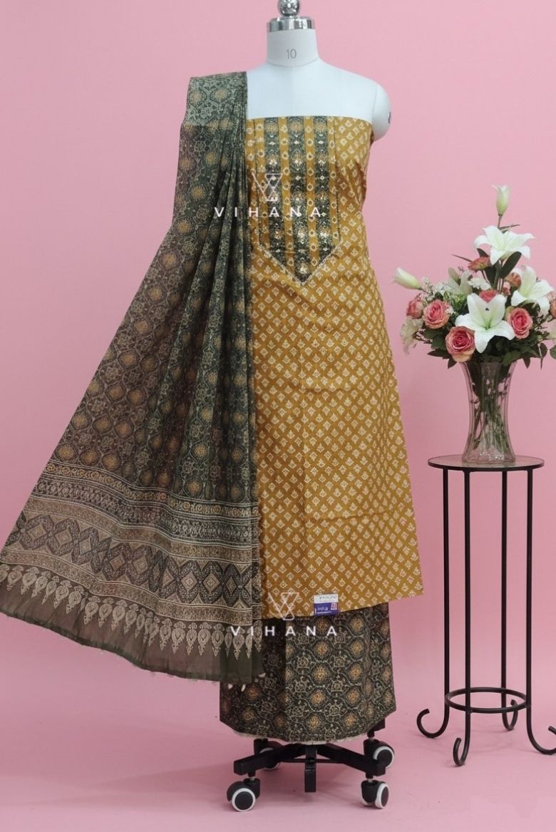 Mustard Yellow Screen Print Cotton Suit Material
