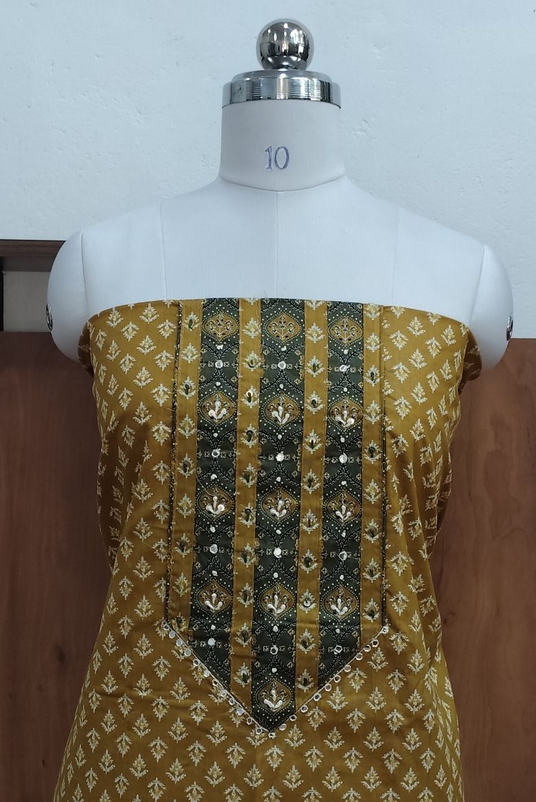 Mustard Yellow Screen Print Cotton Suit Material - Image 6