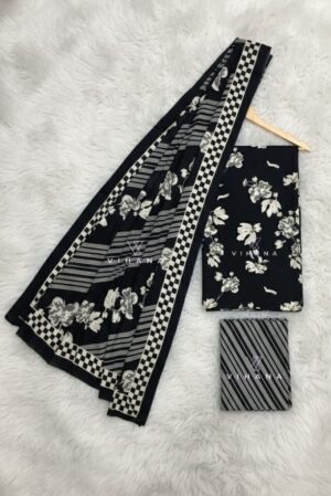Inky Black Cotton Persian Print Suit Material