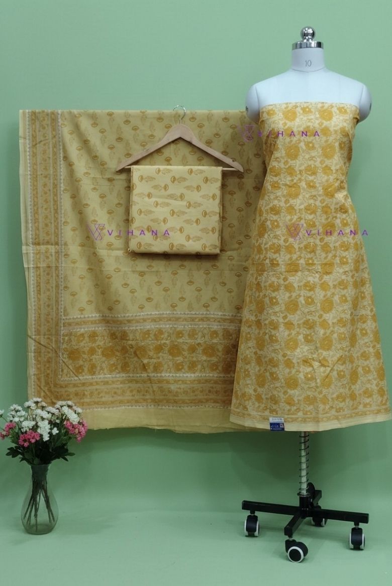 Soft Cotton Persian Print Salwar Suit Material – Yellow Floral Print - Image 2