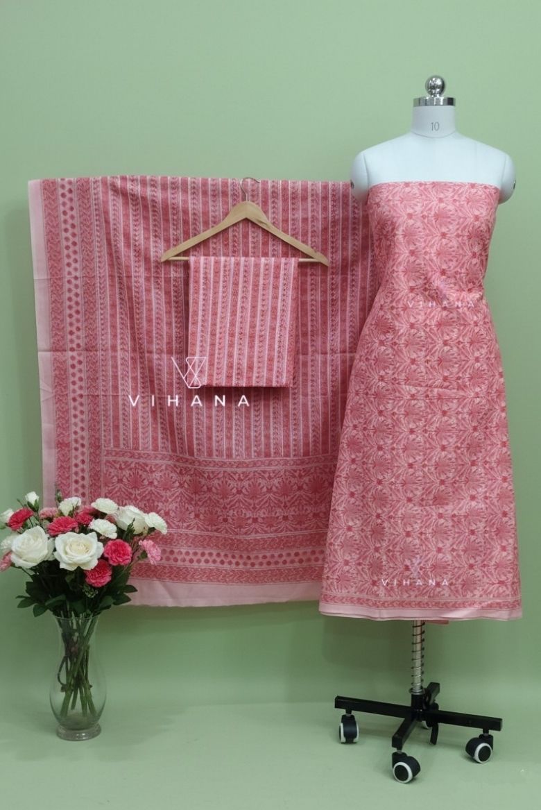 Soft Cotton Persian Print Salwar Suit Material – Pink Floral Print - Image 2