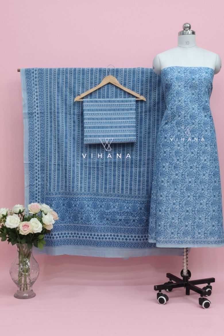 Soft Cotton Persian Print Salwar Suit Material – Rich Blue Floral Print - Image 2