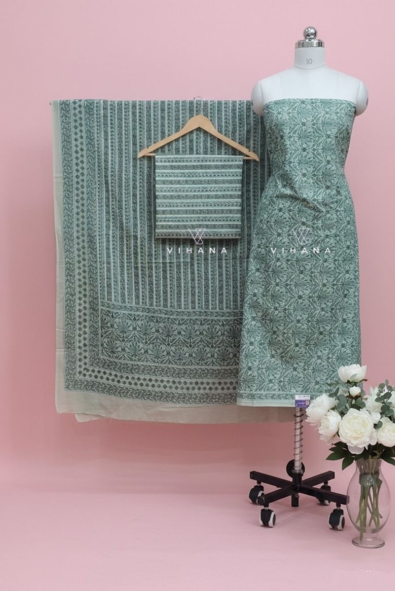 Soft Cotton Persian Print Salwar Suit Material – Green Floral Print - Image 2