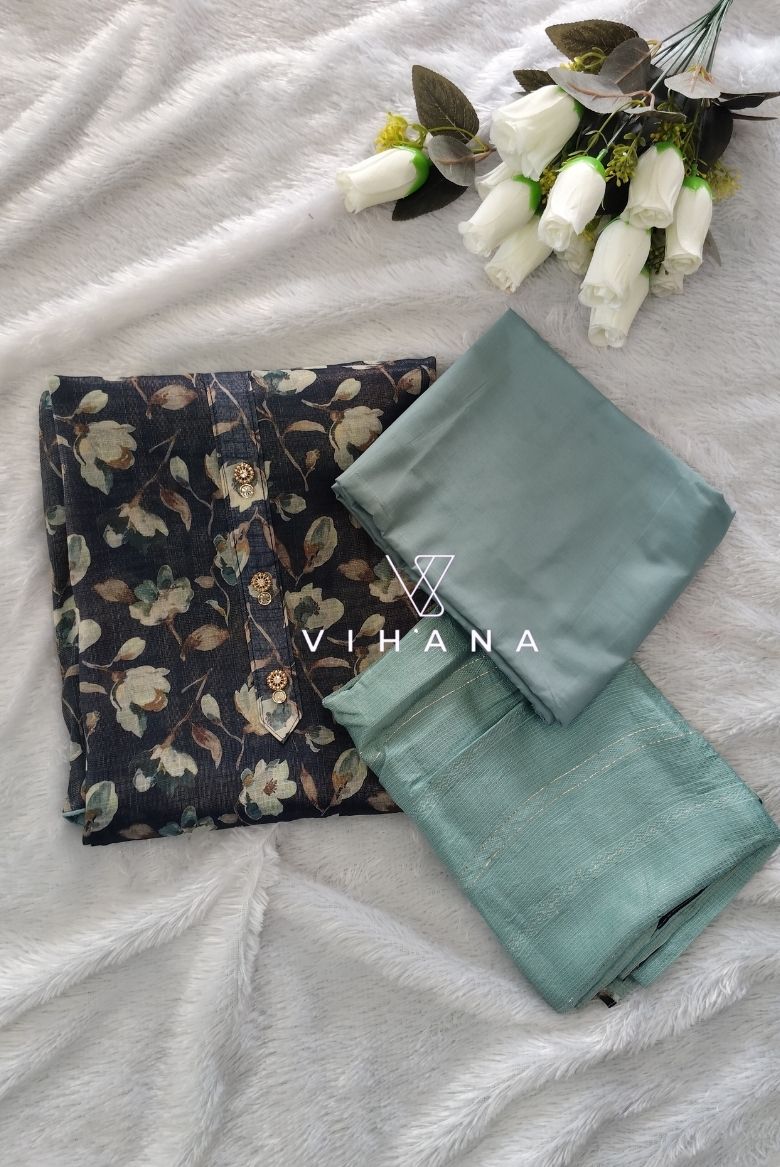 Elegant Blue Floral Tissue Suit Material