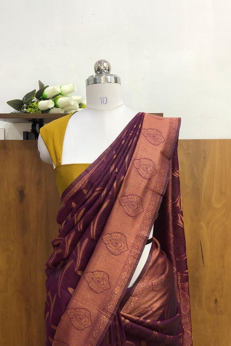 Regal Purple Semi Bhagalpur's Tussar Silk Saree - Image 3