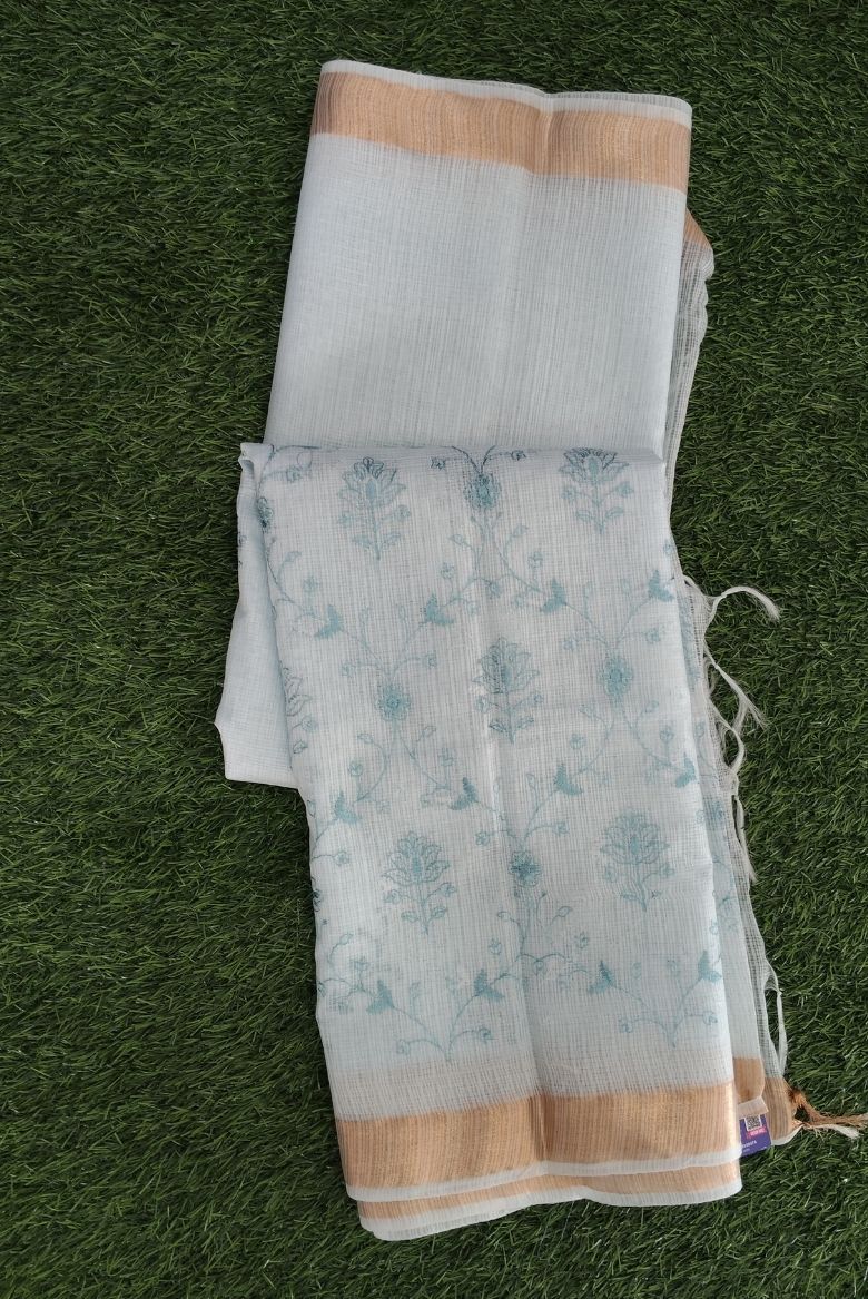 Icy Blue Kota Doriya Organza Silk Saree with Floral Embroidery - Image 3