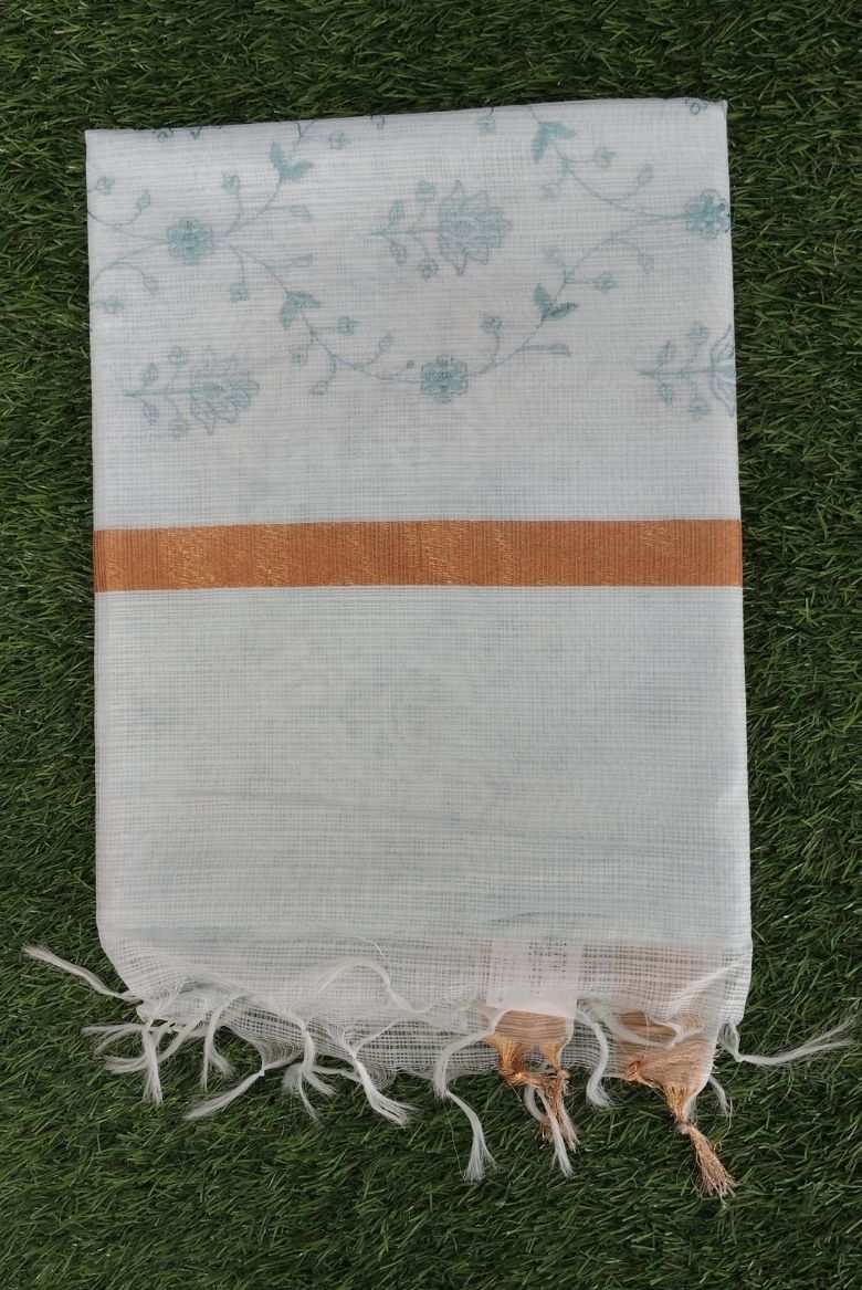 Icy Blue Kota Doriya Organza Silk Saree with Floral Embroidery - Image 2