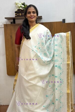 White Kota Doriya Organza Silk Saree with Floral Embroidery