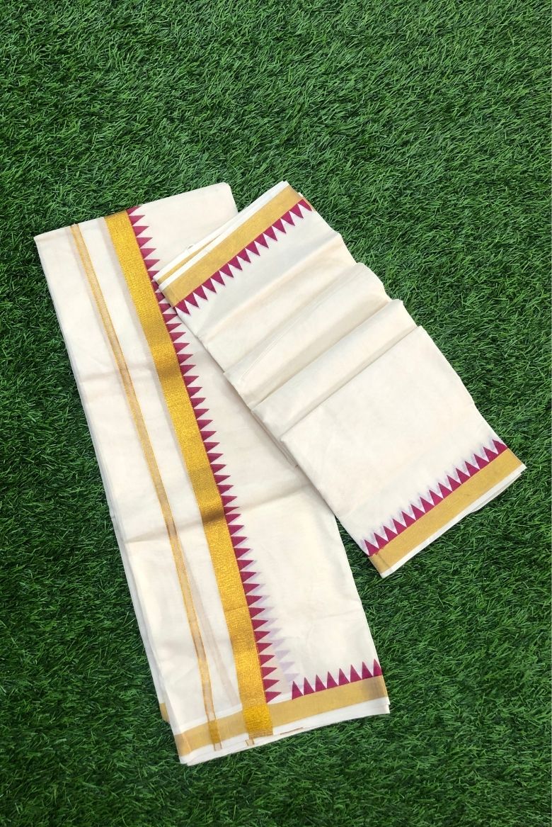 Bright Red Komma Design Kerala Cotton Set Mundu - Image 2