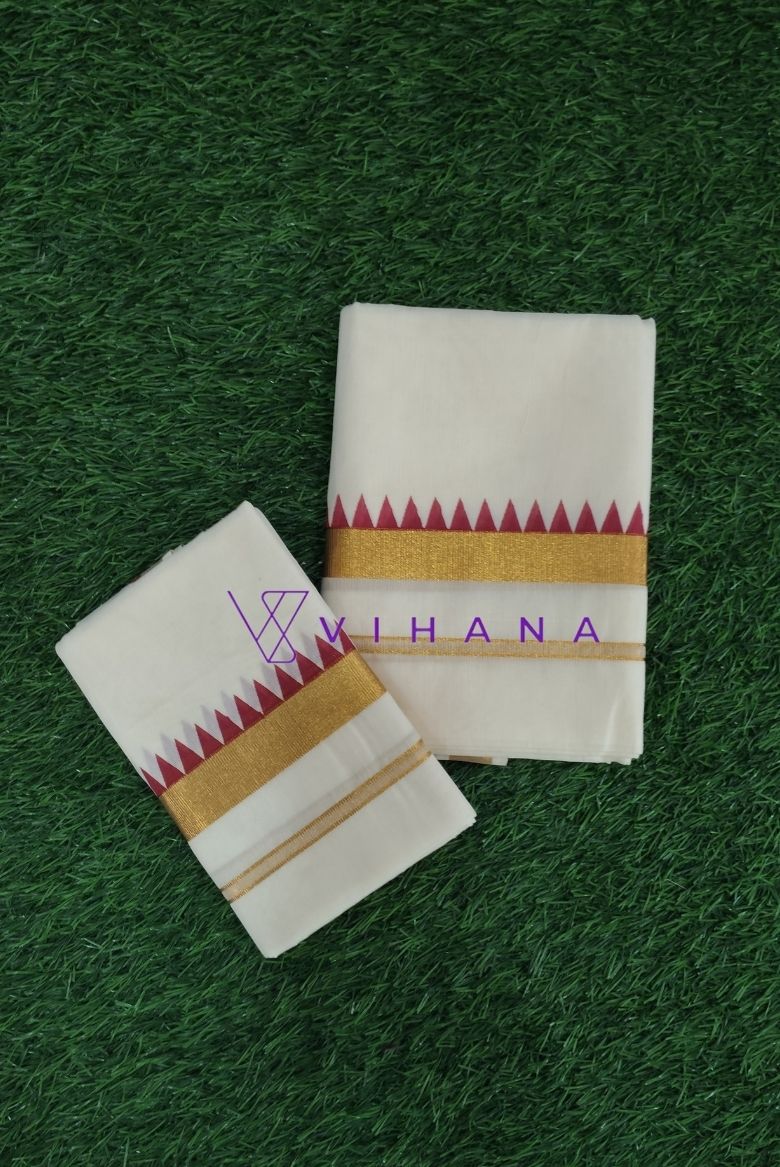 Bright Red Komma Design Kerala Cotton Set Mundu