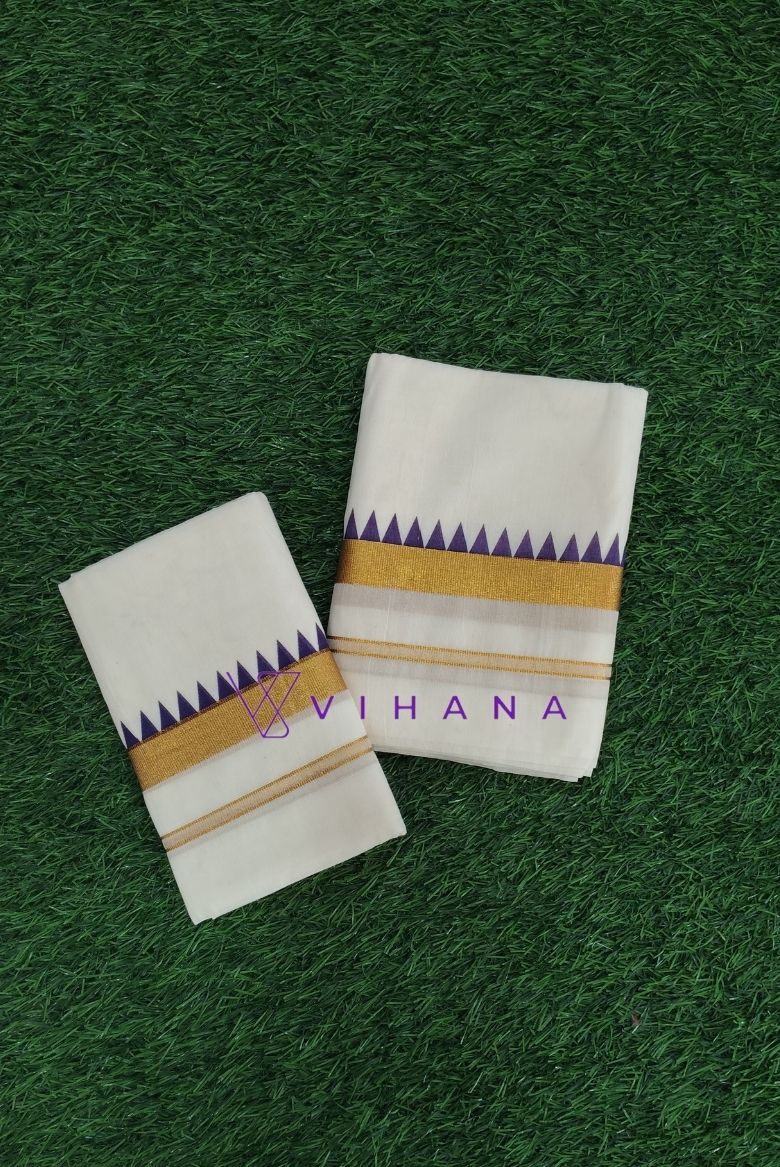 Distinct Violet Komma Design Kerala Cotton Set Mundu