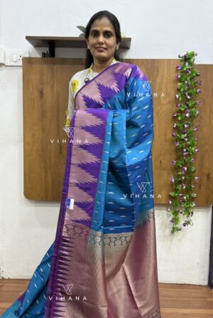 Peacock Blue and Royal Purple Kanjivaram Soft Silk Saree