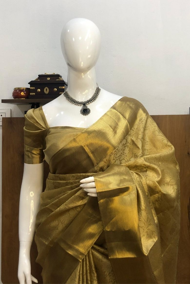 Golden Yellow Kanjivaram Tissue Silk Saree - Image 3