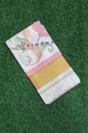 Stunning Kerala Cotton Set Saree with Digital Floral Prints and Golden Border