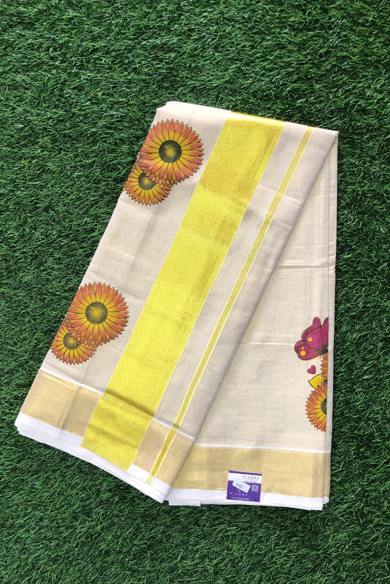 Kerala Golden Tissue Sunflower Print Set Saree - Image 3