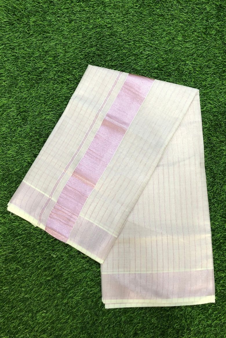 Rose Gold Checkered Kerala Tissue Set Saree - Image 2