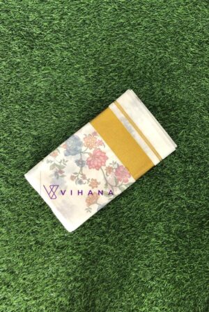 Pure Cotton Set Saree with Digital Floral Prints and Golden Border.