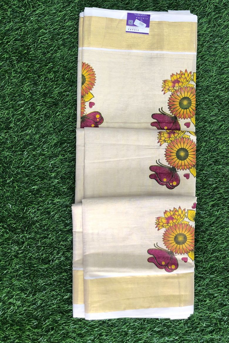 Kerala Golden Tissue Sunflower Print Set Saree - Image 2
