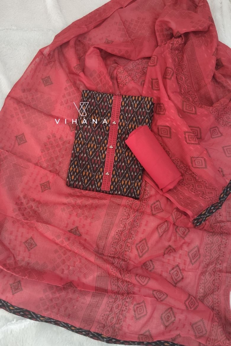 Earthy Black Patola Printed Cotton Salwar Suit Material - Image 5