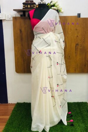 White 120 count Pure Mulcotton Saree