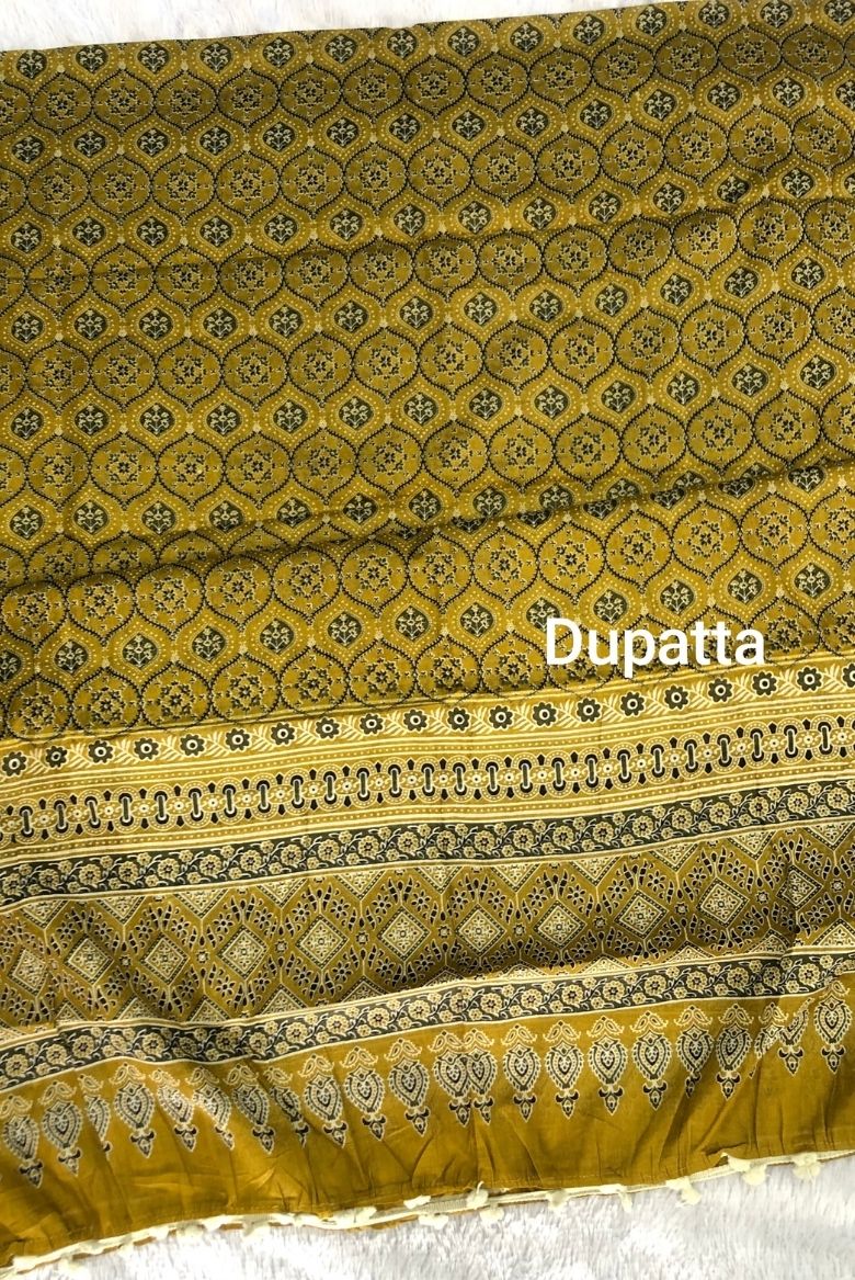 Mustard Yellow Screen Print Cotton Suit Material - Image 4