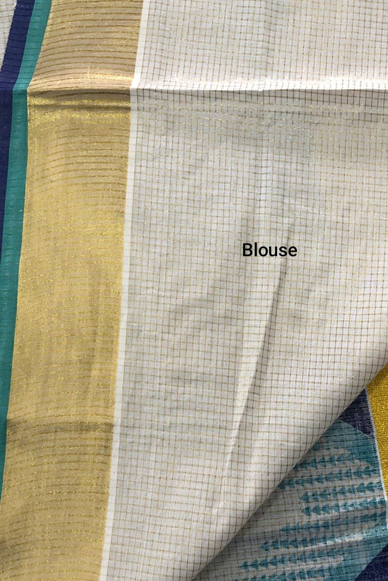 Traditional Kerala Cotton Micro Check Patterned Set Saree with Temple Borders - Image 4