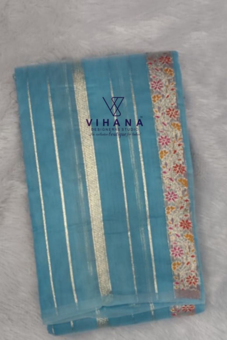 Light Blue Linen Cotton Saree - Image 2